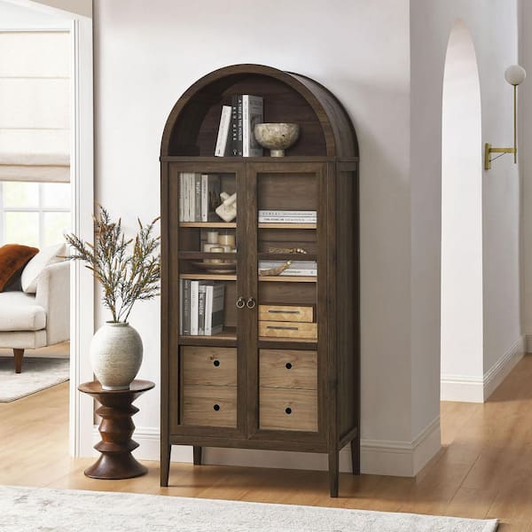 Nolan Walnut Hickory Wood Grain 71 in. Tall Modern Farmhouse Arched Storage Display Cabinet