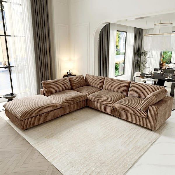 Magic Home 157 in. Square Arm Soft Faux Rabbit Fur Velvet 5-Piece Modular Sectional Sofa with Ottoman, Washable Covers in. Brown