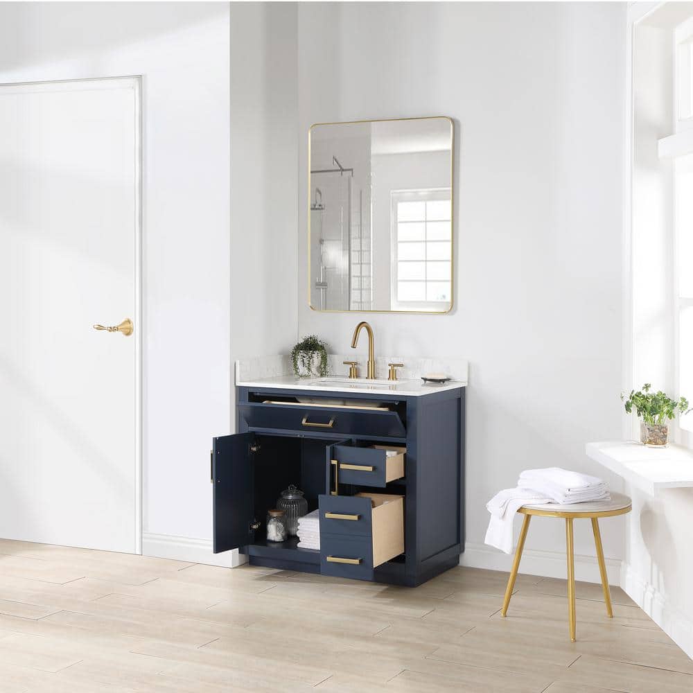 Royal Blue 36" Freestanding Vanity with Grain White Top & Gold Accents