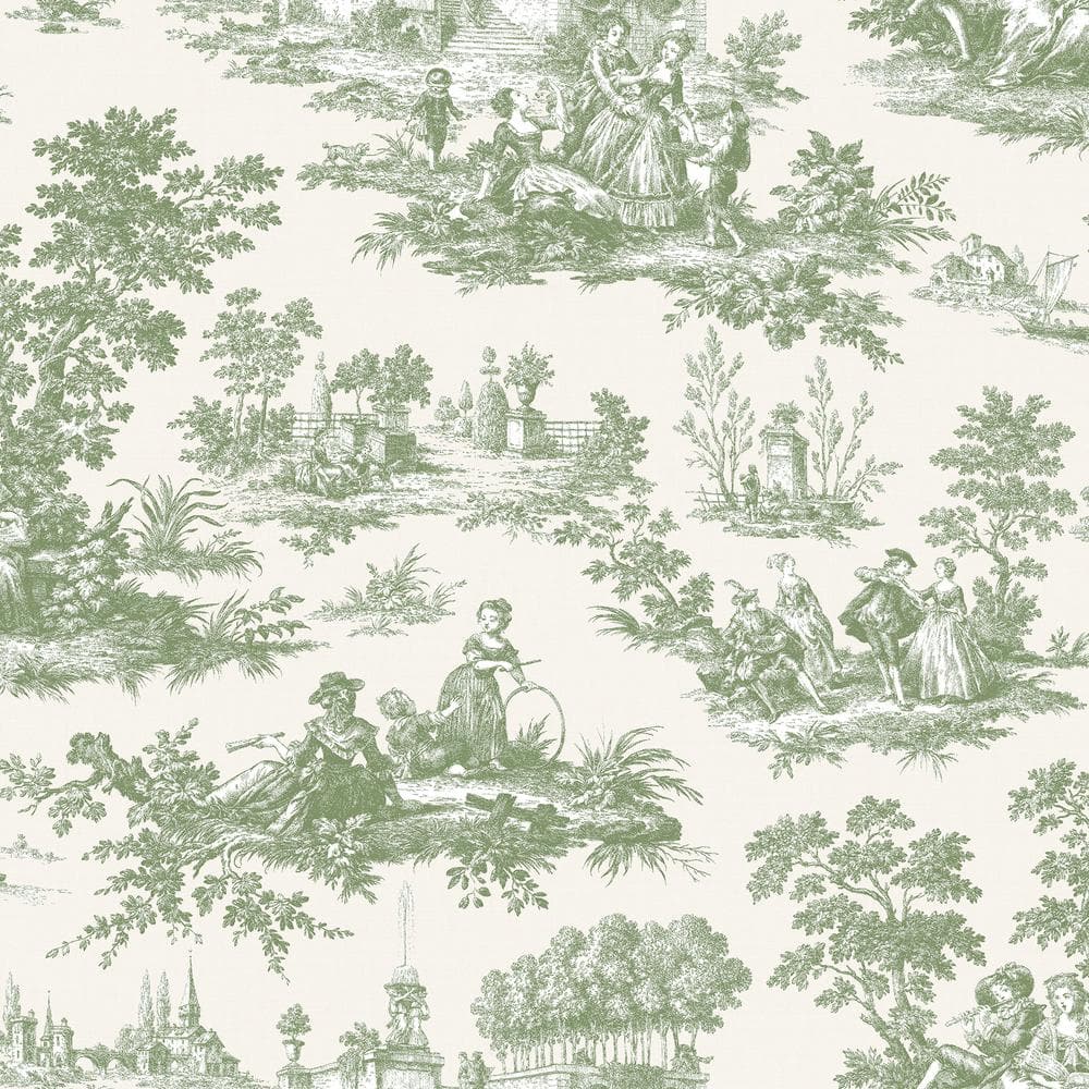 Classic Toile Motif Green/Off White Matte Finish EcoDeco Material Paper Non