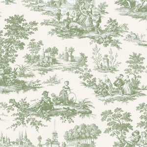 Classic Toile Motif Green/Off White Matte Finish EcoDeco Material Paper Non-Pasted Wallpaper Roll
