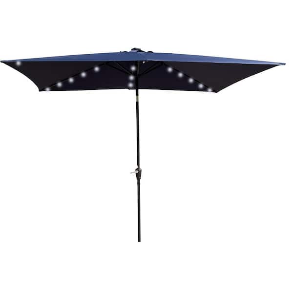 Jushua 10 ft. x 6.5 ft. Steel Solar LED Lighted Patio Market Umbrella with Crank and Push Button Tilt in Navy Blue