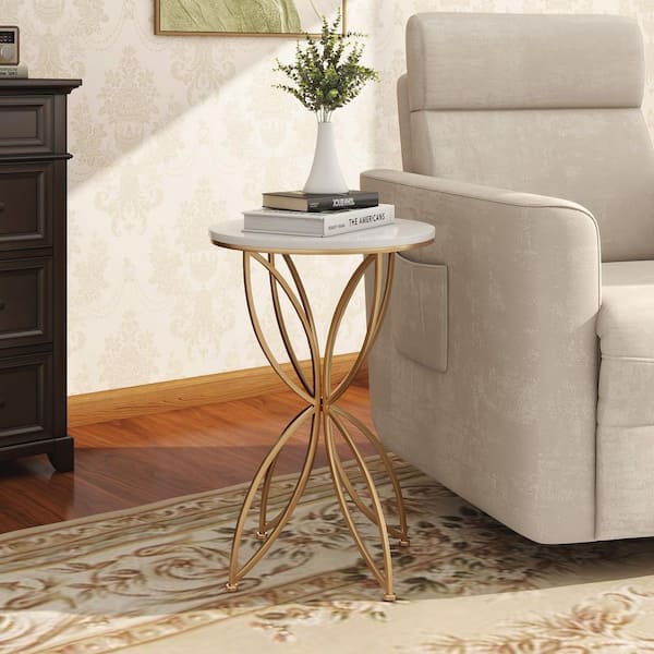 Maypex White Color Artificial Faux Marble Top Round Side Table and Accent Table with Gold Color Metal Base