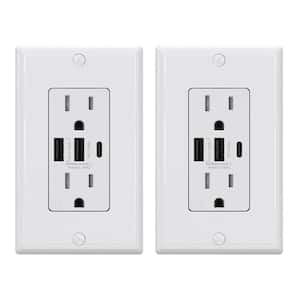 30-Watt 15 Amp 3-Port Type C and Dual Type A USB Duplex USB Wall Outlet, Wall Plate Included, White (2-Pack)