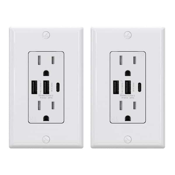 ELEGRP 30-Watt 15 Amp 3-Port Type C and Dual Type A USB Duplex USB Wall Outlet, Wall Plate Included, White (2-Pack)