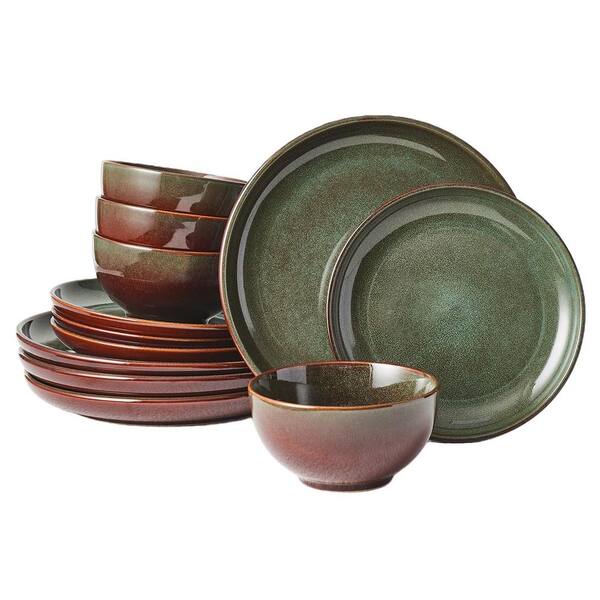 Stoneware Dinnerware Sets Service for 4, 12-Piece Reactive Glaze Plates and Bowls Sets, Highly Chip and Crack Resistant