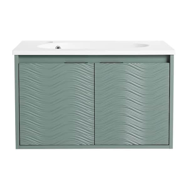 29.9 in. W x 18.2 in. D x 18.5 in. H Wall-Mounted Bath Vanity in Green with White Resin Vanity Top