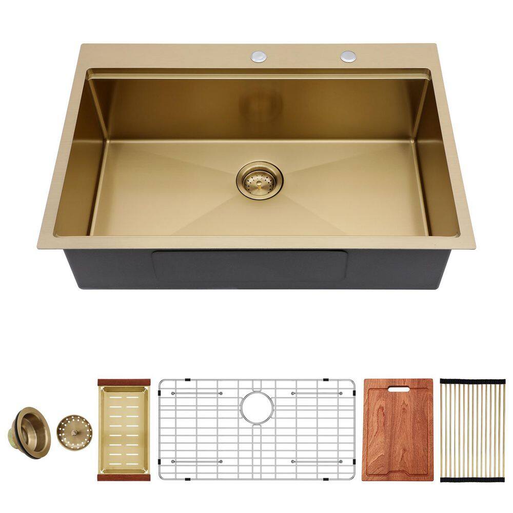 36 in. Drop-In/Topmount Single Bowl 16-Gauge Stainless Steel Gold Workstation Kitchen Sink with Bottom Grid and Strainer price history on PriceWatchPro