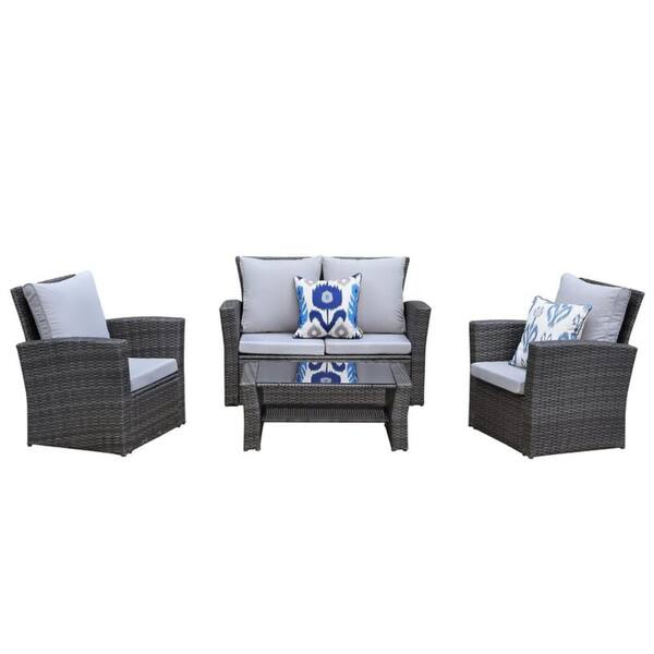 Zeus & Ruta 4-Piece Gray Rattan Wicker Outdoor Sofa Loveseat with Gray Cushions and Coffee Table