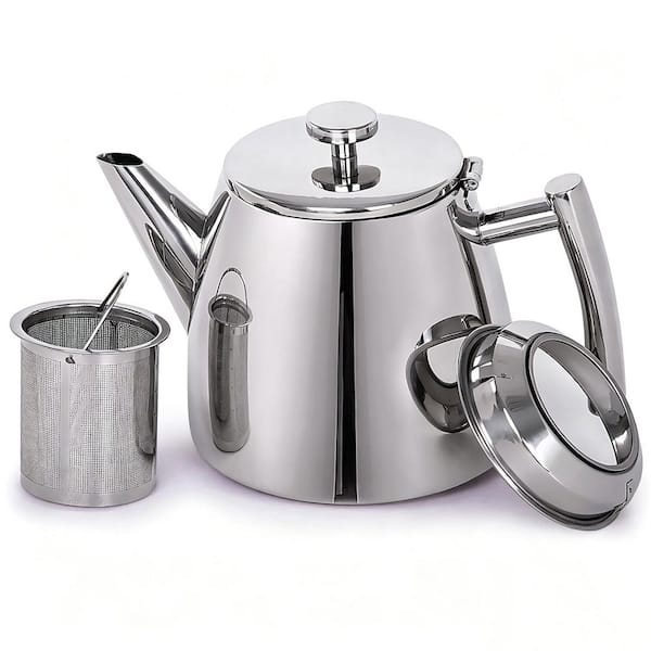 6-Cup Silver Modern Stainless Steel Non-Stovetop Tea Pot with Double Wall Insulation Removable Infuser Scratch Resistant