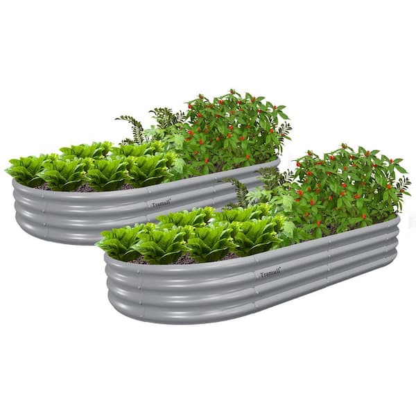 Unbranded 2-Pack 96 x 48 x 12 in. Oval Galvanized Steel Raised Garden Beds for Planting Vegetables, Flowers, Herb, Light Gray