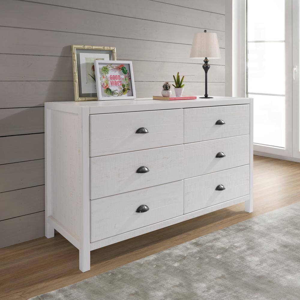 White Farmhouse Double Dresser with Six Drawers