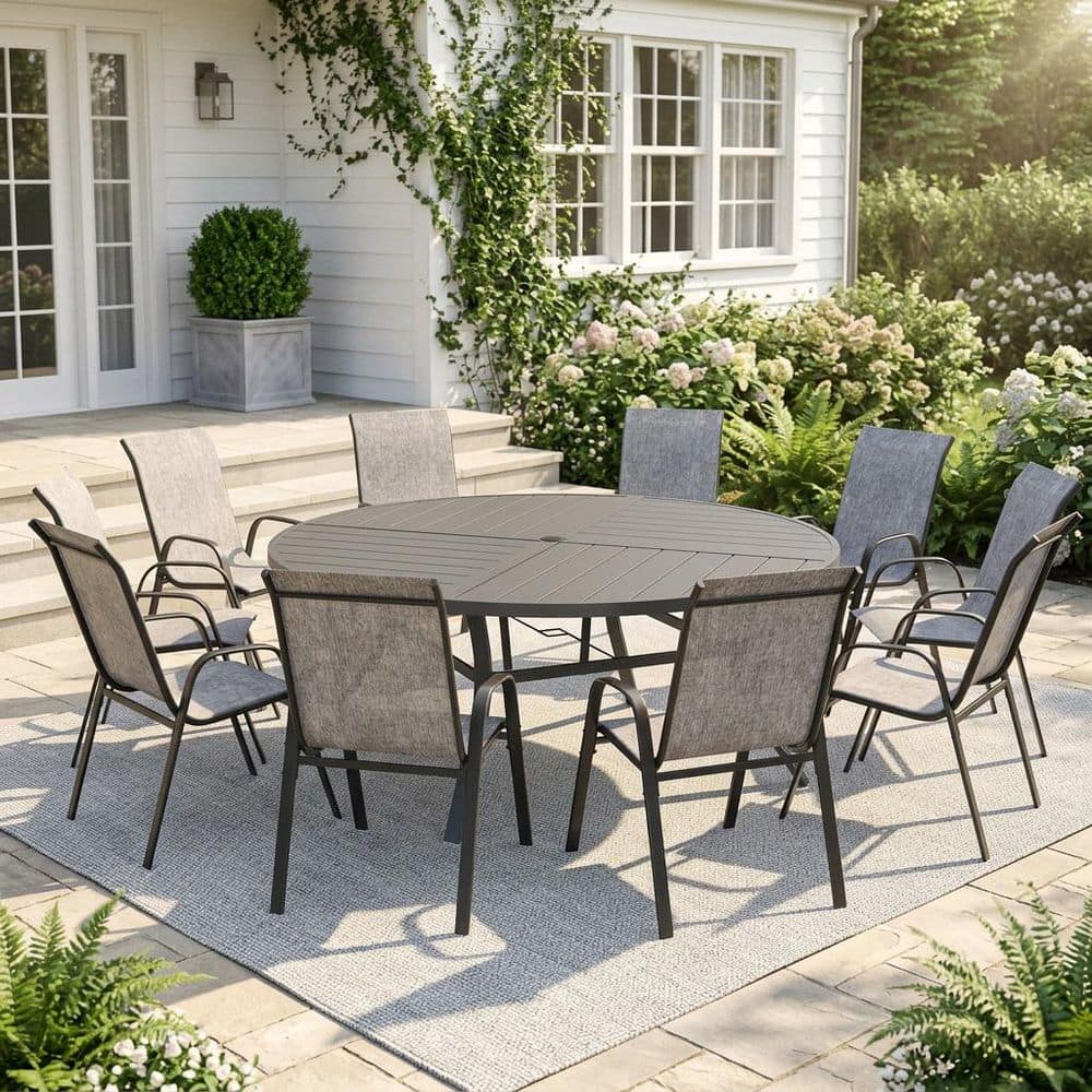 11-Piece Metal Outdoor Dining Set with 63 in. Gray Round Dining Table and 10 Stackable Textilene Chairs in Gray Fabric price history on PriceWatchPro