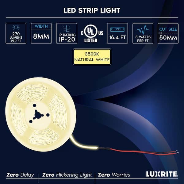 16.4 ft. 50-Watt Equivalent Integrated LED White Strip Light Fixture 3500K, 8mm, 270 Lumens/FT, Cut to Length