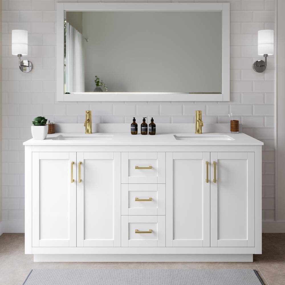 Miranda 66'' White Double Freestanding Bathroom Vanity with Marble Top and Gold Trim