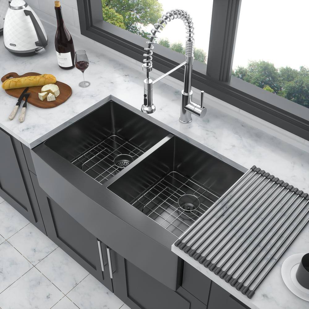 33 in. Farmshouse Double Bowl 16 Gauge Gunmetal Black Stainless Steel ...