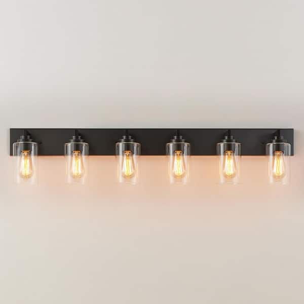 44 in. 6-Light Black Vanity Light with Clear Glass Shades