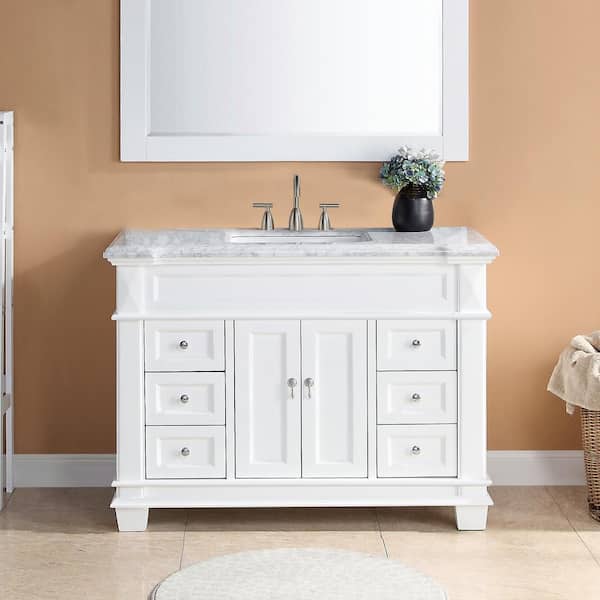 HOMEVY STUDIO Dorian 48 in. W x 22 in. D x 35.63 in. H Single Sink Freestanding Bath Vanity in Matte White with Carrara Marble Top