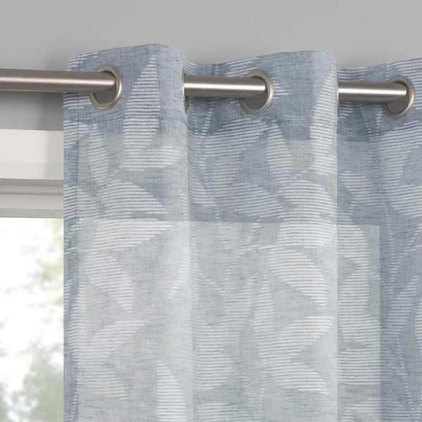 Nadia Textured Botanical Blue Faux Linen 52 in. W x 84 in. L Grommet Light Filtering Curtain (Single Panel)