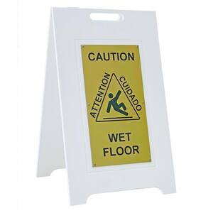 24 in. White 2-Sided Recycled Plastic With Gold Insert Panel Bilingual Wet Floor Sign
