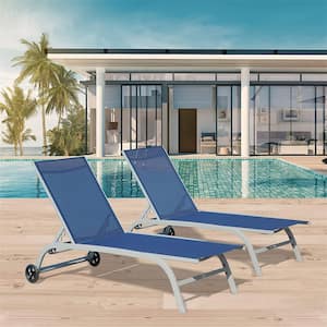 Outdoor Lounge Chairs with Wheels 5 Adjustable Position for Patio Beach Yard Deck Poolside in Navy Blue (Set of 2)