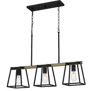 3-Light Ash Grey and Natural Walnut Finish Linear Chandelier