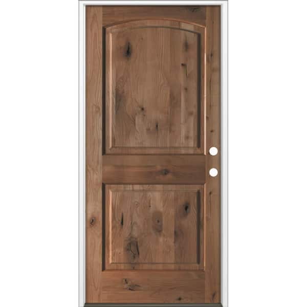 Krosswood Doors 36 in. x 80 in. Rustic Knotty Alder 2-Panel Arch Top Left-Hand/Inswing BEHR True Black Stain Wood Prehung Front Door