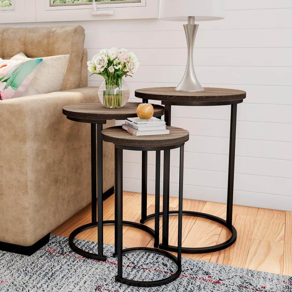 Black Wooden Round Nesting Side Tables, Wooden Lamp Tables Living Room