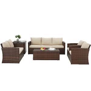 Brown 6-Piece Wicker Patio Conversation Set with 2 Storage Boxes and Beige Cushions