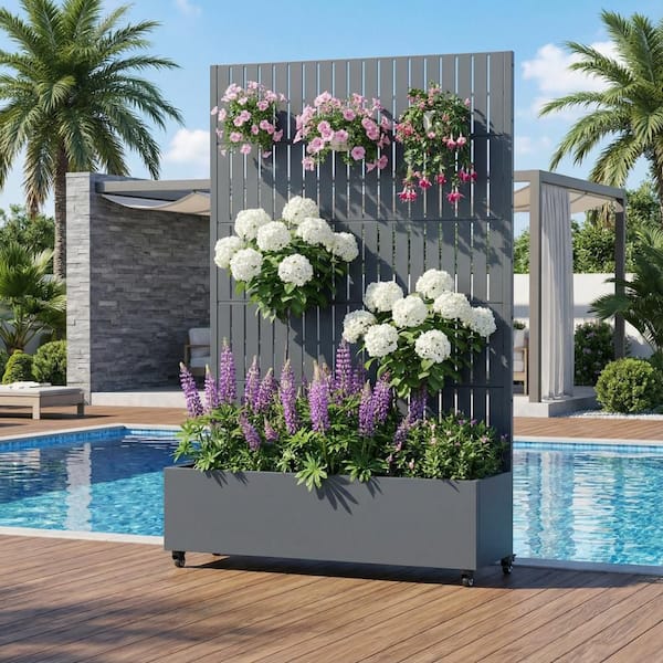 72 in. H x 47 in. W x 16 in. L Metal Dark Grey Rectangle Pots and Planter Raised Box with Trellis