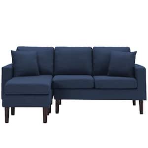 72 in. Square Arm 3-Piece L Shaped Fabric Modern Sectional Sofa in Navy Blue with 2 Pillows and Ottoman