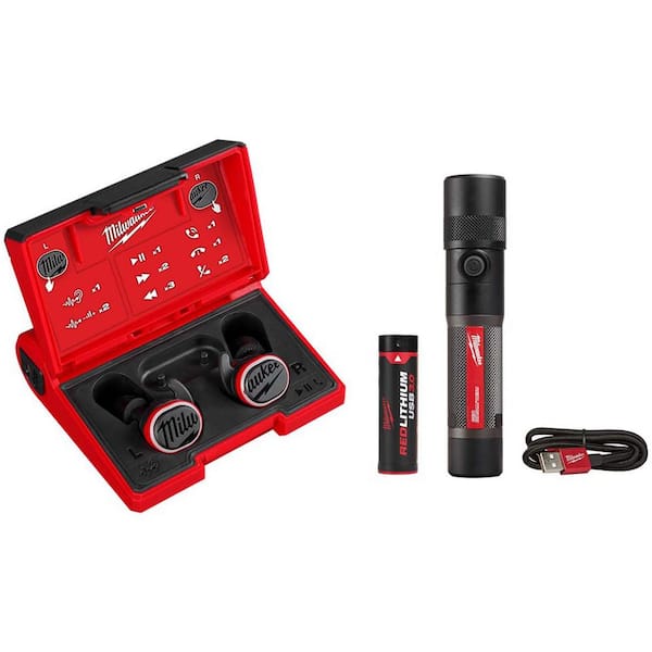 Milwaukee REDLITHIUM USB Red Wireless Bluetooth Noise Cancelling Earbud with 1100 Lumens Rechargable Twist Focus Flashlight
