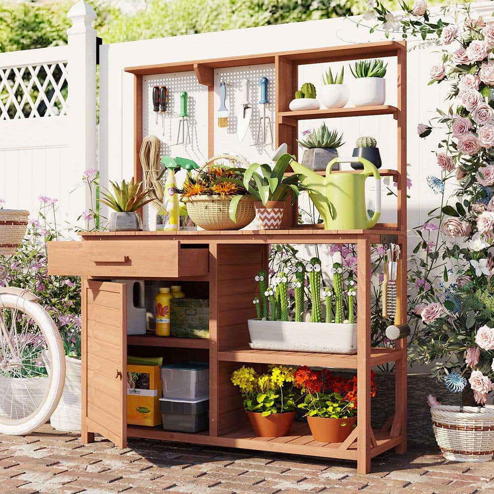 50.2 in. W x 65.7 in. H Brown Wood Garden Workstation Potting Bench and Tab
