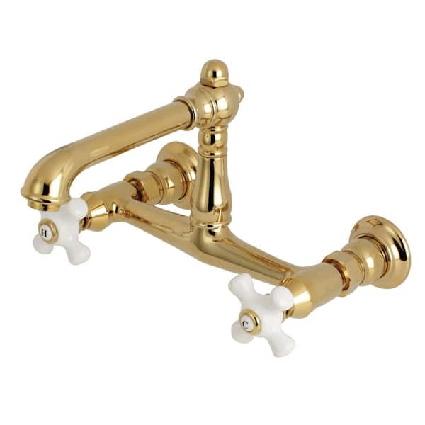 English Country 2-Handle Wall Mount Bathroom Faucet in Polished Brass