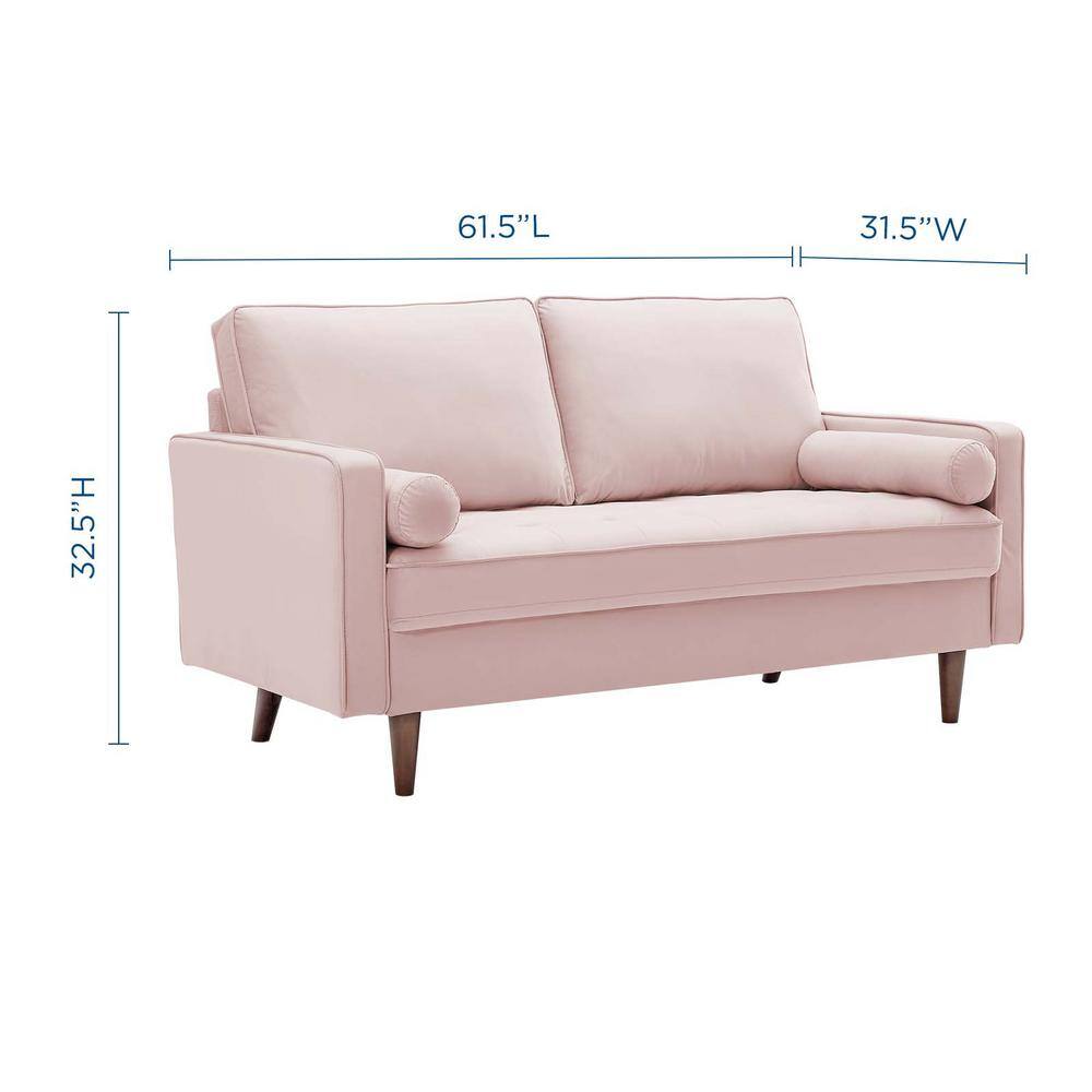 Pink Velvet Tufted Loveseat with Walnut Wood Legs