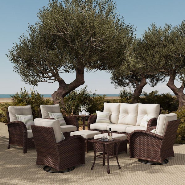 9-Piece Wicker Swivel Outdoor Rocking Chairs Patio Conversation Set with Beige Cushion