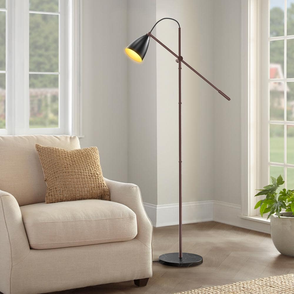 65" Adjustable Black Metal and Marble Arc Floor Lamp