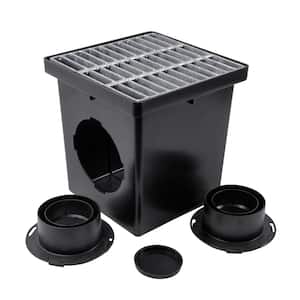 12 in. Plastic Square Drainage Catch Basin, 2 Opening Kit with Metal Grate
