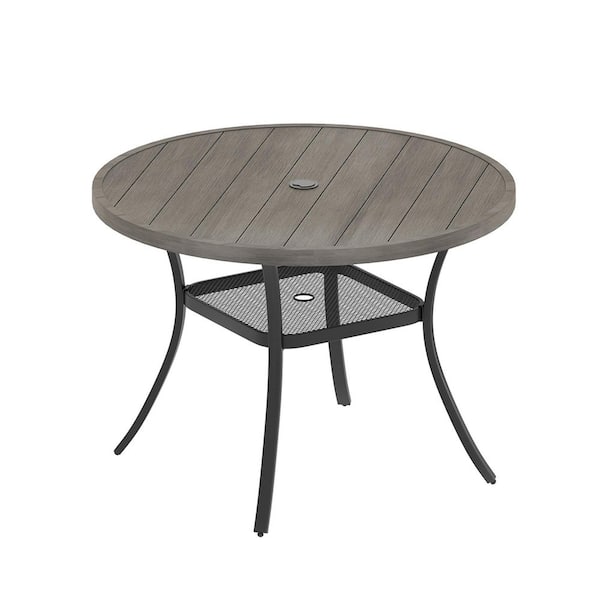 Gray Metal 42 in. All Weather Round Outdoor Dining Table with 1.57 in.-1.90 in. Umbrella Hole for 4 People
