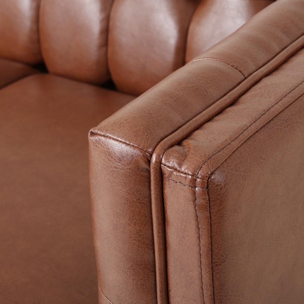 Cognac Brown Faux Leather Tufted Tuxedo Sofa with Wood Accents
