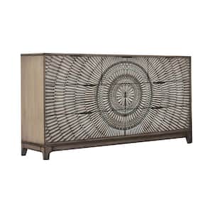Transitional Style 7-Drawer Gray Wooden Dresser with Sun Burst Design 64 in. L x 18 in. W x 36.13 in. H