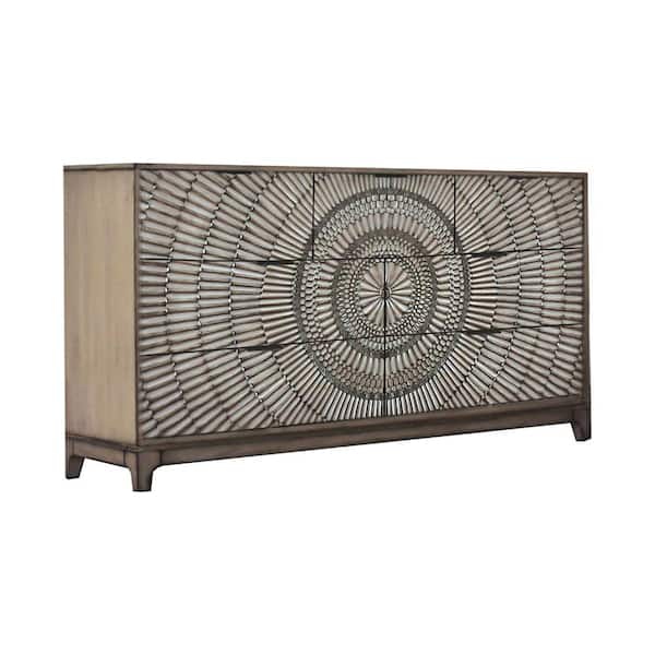 Benjara Transitional Style 7-Drawer Gray Wooden Dresser with Sun Burst Design 64 in. L x 18 in. W x 36.13 in. H