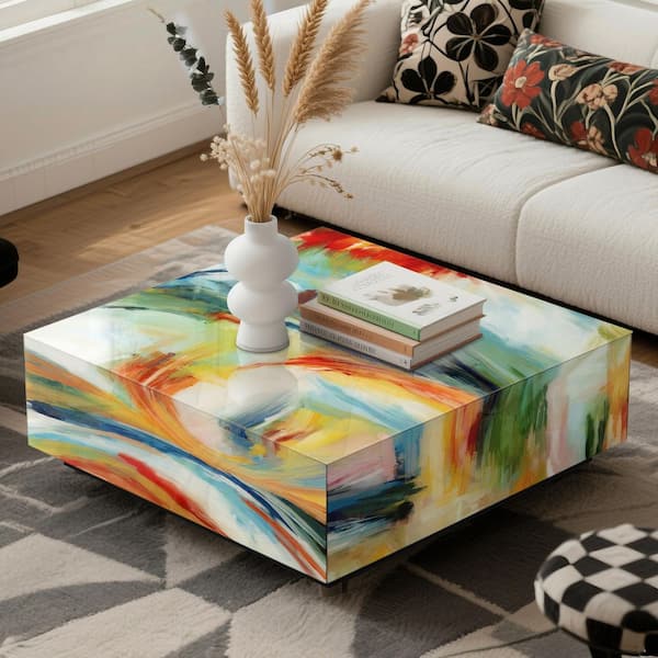 Multicolor 35.4 in. W x 11.8 in. H Square Modern Glass Coffee Table for Living Room