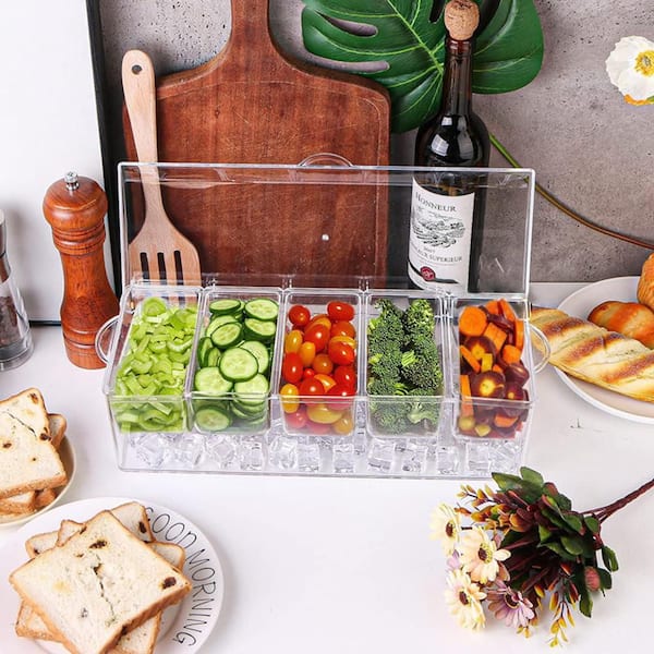 15 in. W x 4.5 in. H x 6 in. D Rectangular White Polystyrene Serving Trays with Lids, Condiment Caddy with 5 Containers