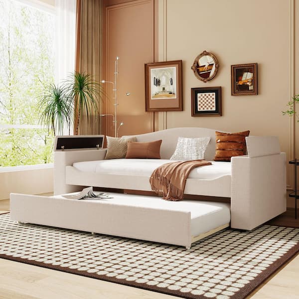 Beige Twin Upholstered Daybed with Storage Armrests, Trundle and Integrated Bluetooth Audio System
