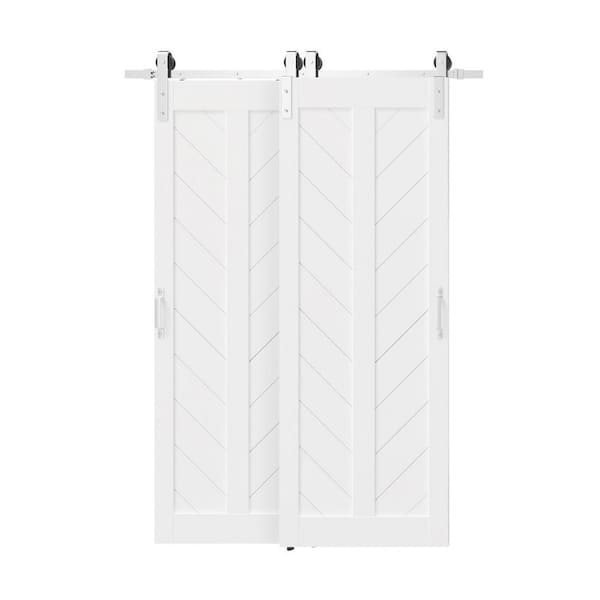 60 in. x 84 in. White, Herringbone, MDF,Primed, Double V-Frame Brushed Nickel Bypass Sliding Barn Door with Hardware Kit