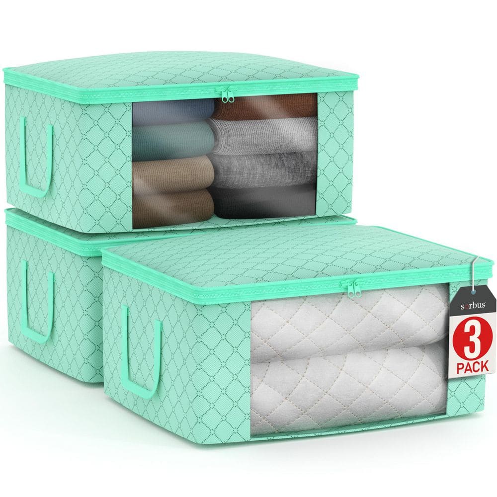 Foldable Storage Bag Organizers with Clear Window and Handles, Green 19 in. x 7.5 in. Fabric Decorative Box  Set of 3