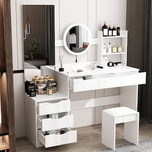 White Wood 6 Drawers 54.5 in. W Dresser With Round Lighted Mirror and Standing Mirror (63 in.H x 54.5 in.W x 15.7 in.D)