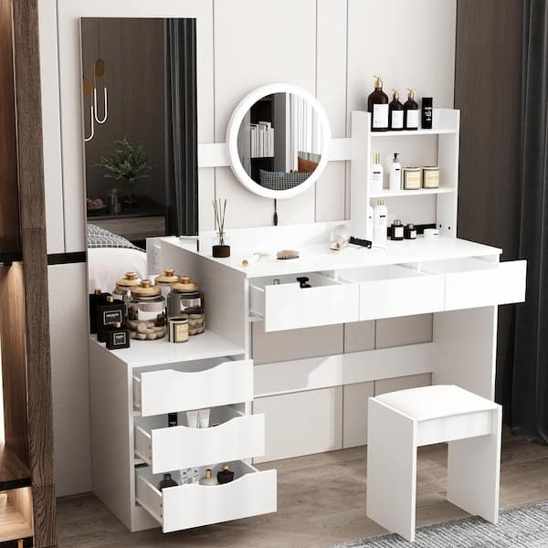 FUFU&GAGA White Wood 6 Drawers 54.5 in. W Dresser With Round Lighted Mirror and Standing Mirror (63 in.H x 54.5 in.W x 15.7 in.D)