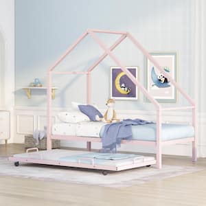 Pink Twin Size Metal House Bed Kids Bed with Trundle